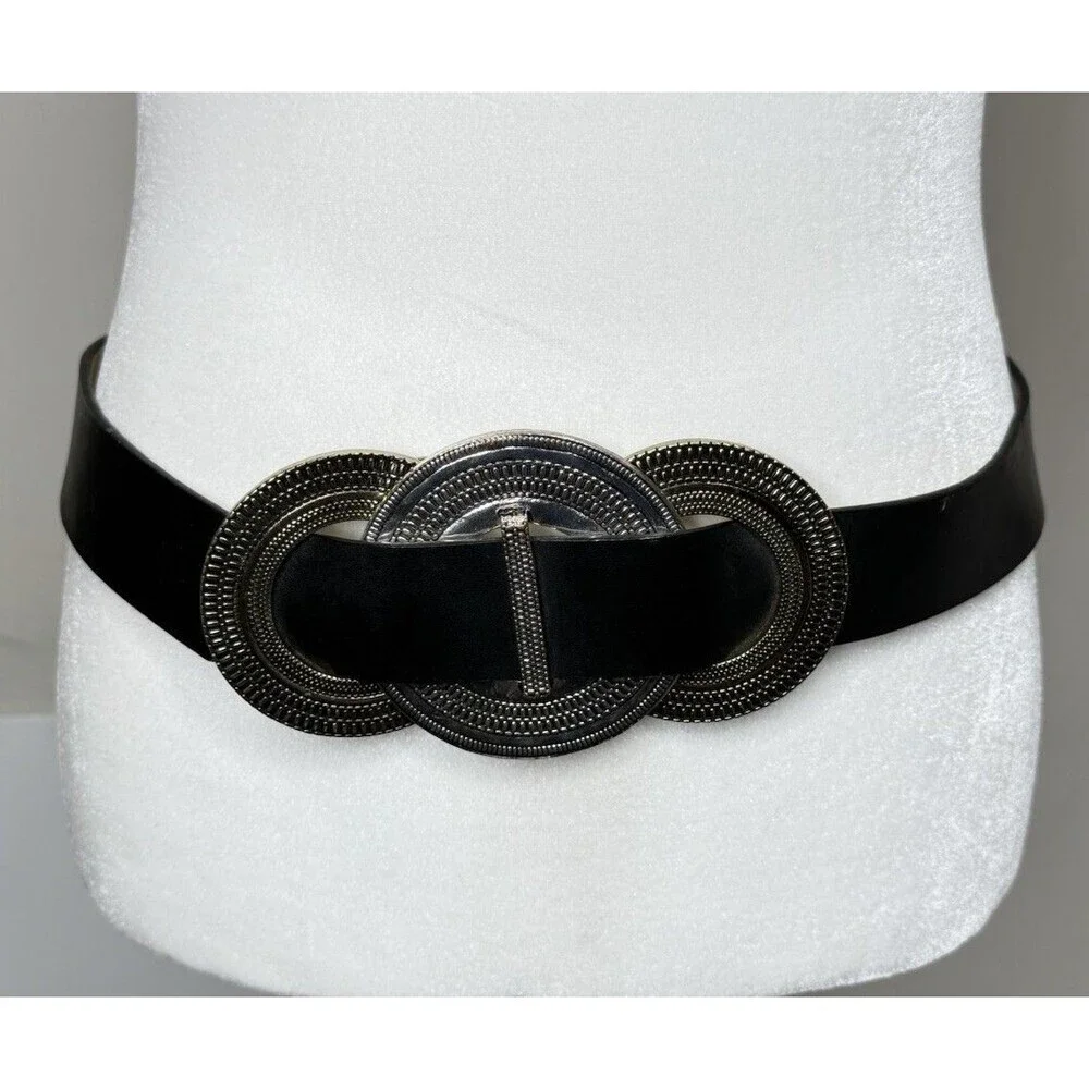 Chico's M/L Black Leather Medallion Art Wear Belt Silver Bronze Adjustable Boho